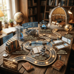 Illustrated academic path with stages: fundamentals, collaboration, deep dive, skills development, final thesis, graduation