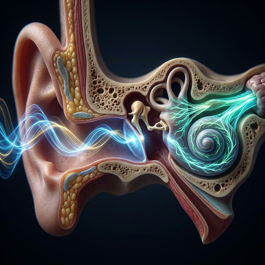 Cross-section of human ear anatomy illustrating outer, middle, and inner ear with sound wave signals