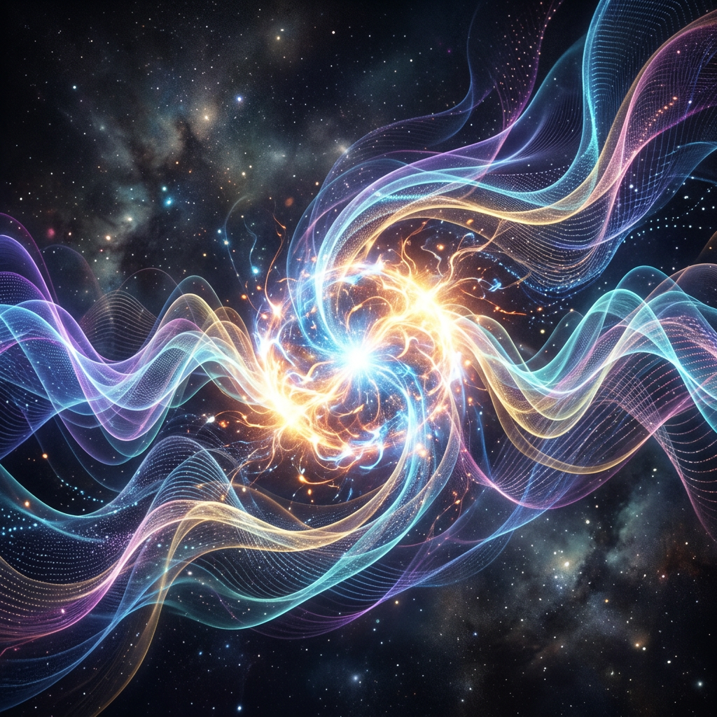 Bright swirling energy waves in space with stars and cosmic dust