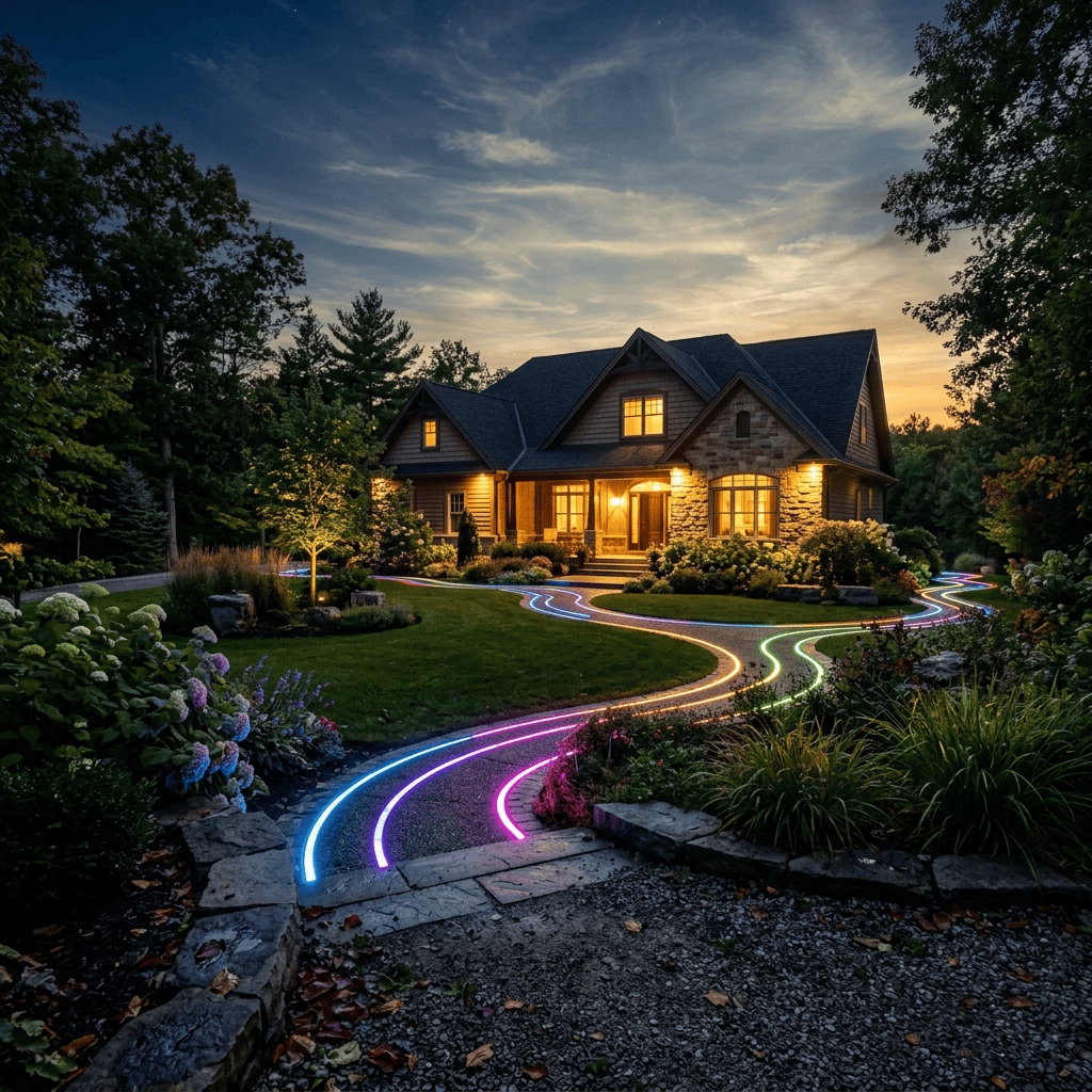 Curving garden pathway illuminated with multicolored LED lights leading to a house at dusk