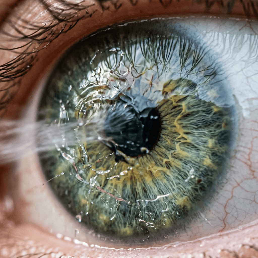 Close-up of an eye with green and brown iris and water droplets on the surface