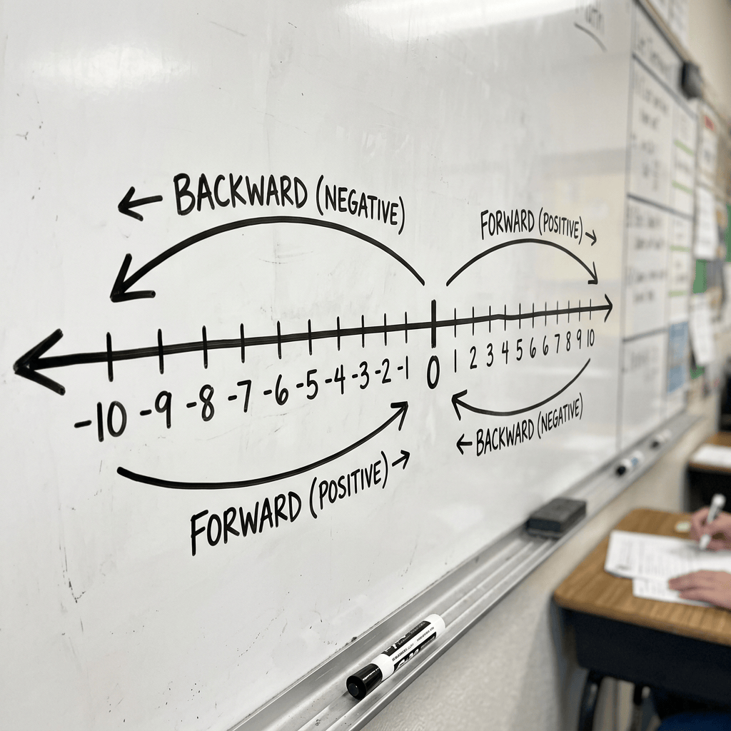 Number line from -10 to 10 with arrows indicating forward (positive) and backward (negative) directions