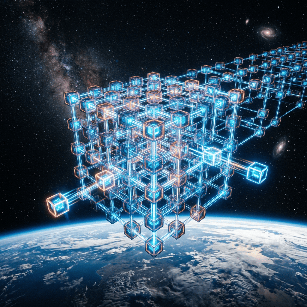 A 3D network of interconnected glowing cubes floating above Earth in space with stars and galaxies in the background