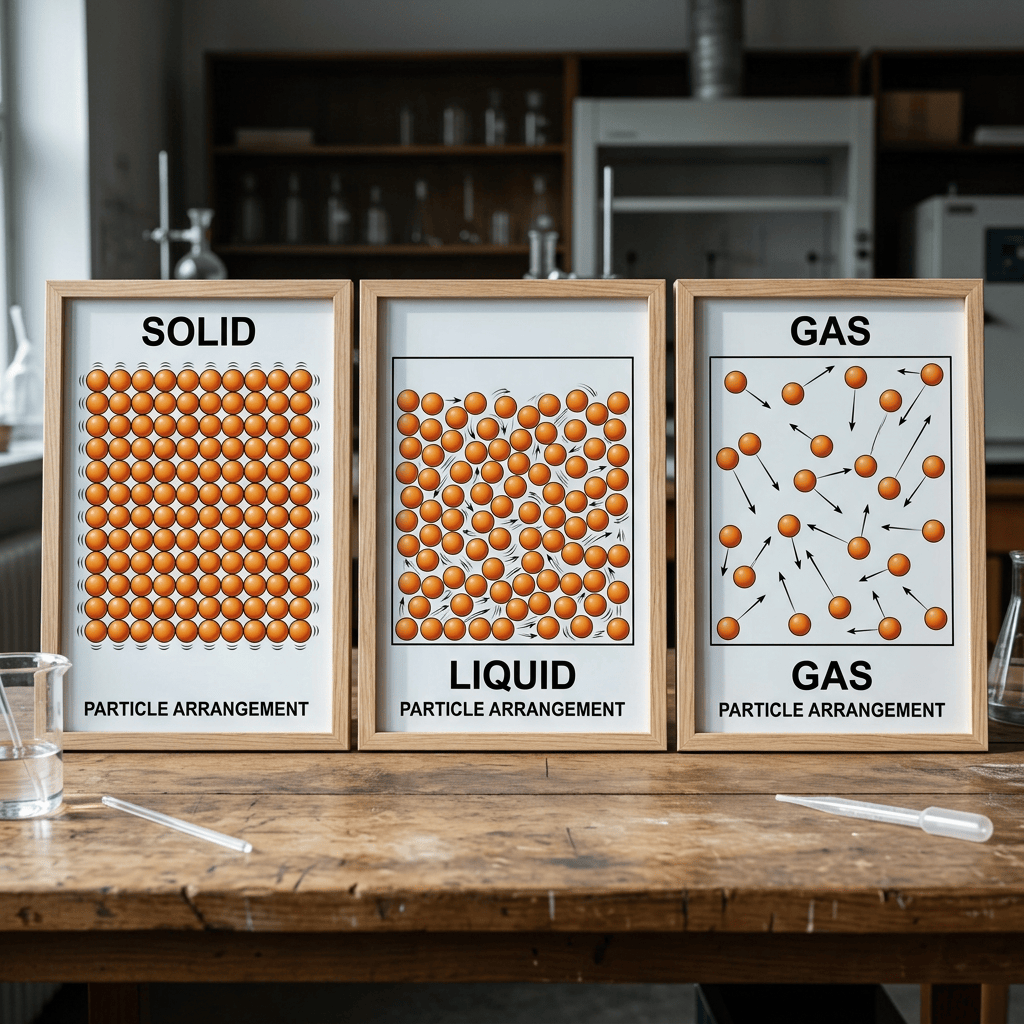 Diagrams showing particle arrangement in solid, liquid, and gas with orange spheres and movement arrows