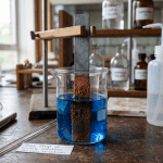 Zinc strip partially coated with reddish copper deposit in blue copper sulfate solution in a beaker