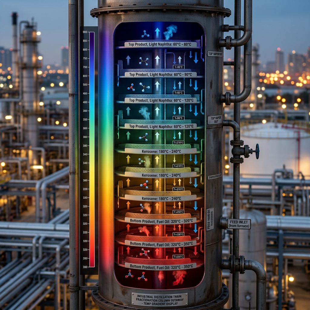 Cutaway of industrial distillation column with temperature zones and product labels