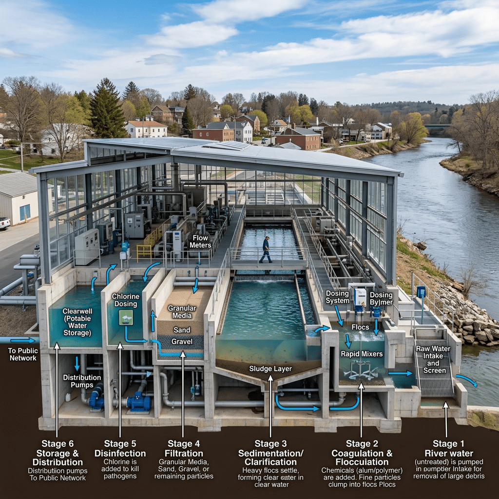 Cross-section of water treatment plant showing stages from river water intake to potable water storage with labeled processes