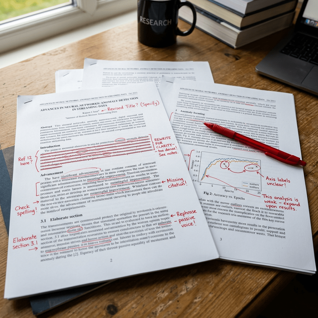Printed research papers with red handwritten editorial marks and comments