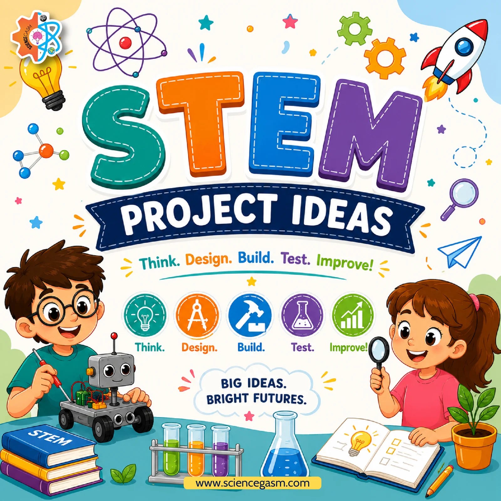 An educational STEM infographic titled STEM Project Ideas outlining the engineering design process steps with cartoon kids and science icons.