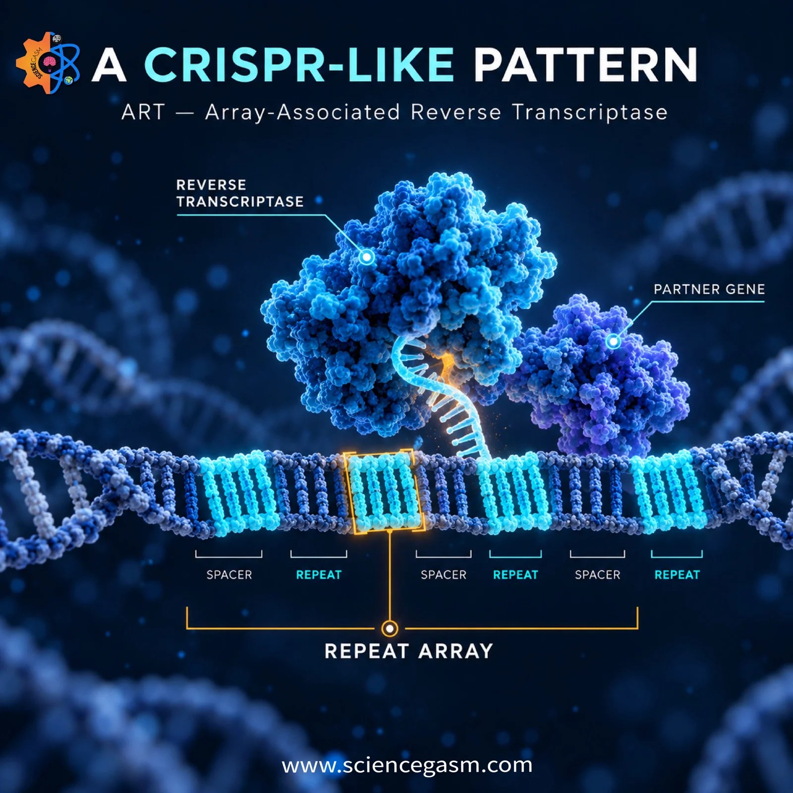Educational biotechnology infographic titled A CRISPR-Like Pattern showing a 3D molecular visualization of a Reverse Transcriptase enzyme and its partner gene binding to a DNA strand featuring a repeat array with spacers and repeats.