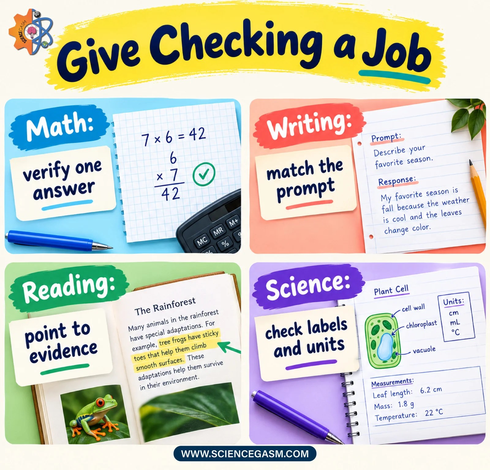 Classroom poster showing four student checking strategies: verify a math answer, match writing to the prompt, point to reading evidence, and check science labels and units.
