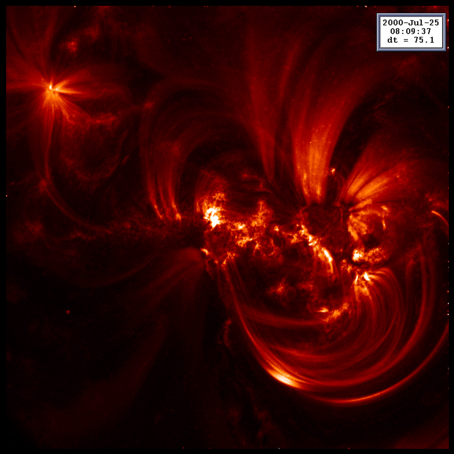 Magnetic loops span active regions on the surface of the Sun. Image by the satellite TRACE.