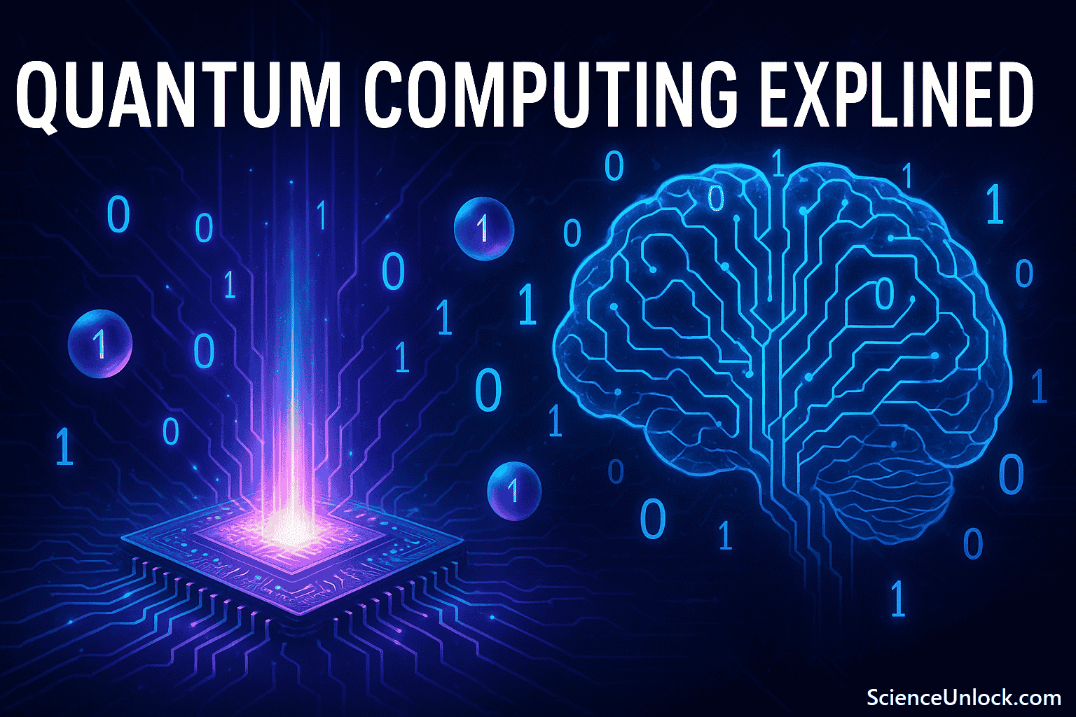 Futuristic quantum computer chip glowing with qubits and circuits, representing quantum computing technology.