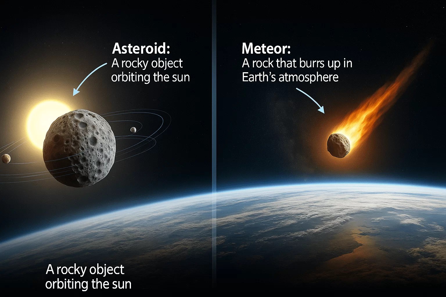"A dual-panel diagram visually comparing an asteroid and a meteor. On the left, a large, rocky asteroid is shown orbiting the sun in space. On the right, a smaller rock is shown burning up as a bright streak of light as it enters Earth's atmosphere, representing a meteor."