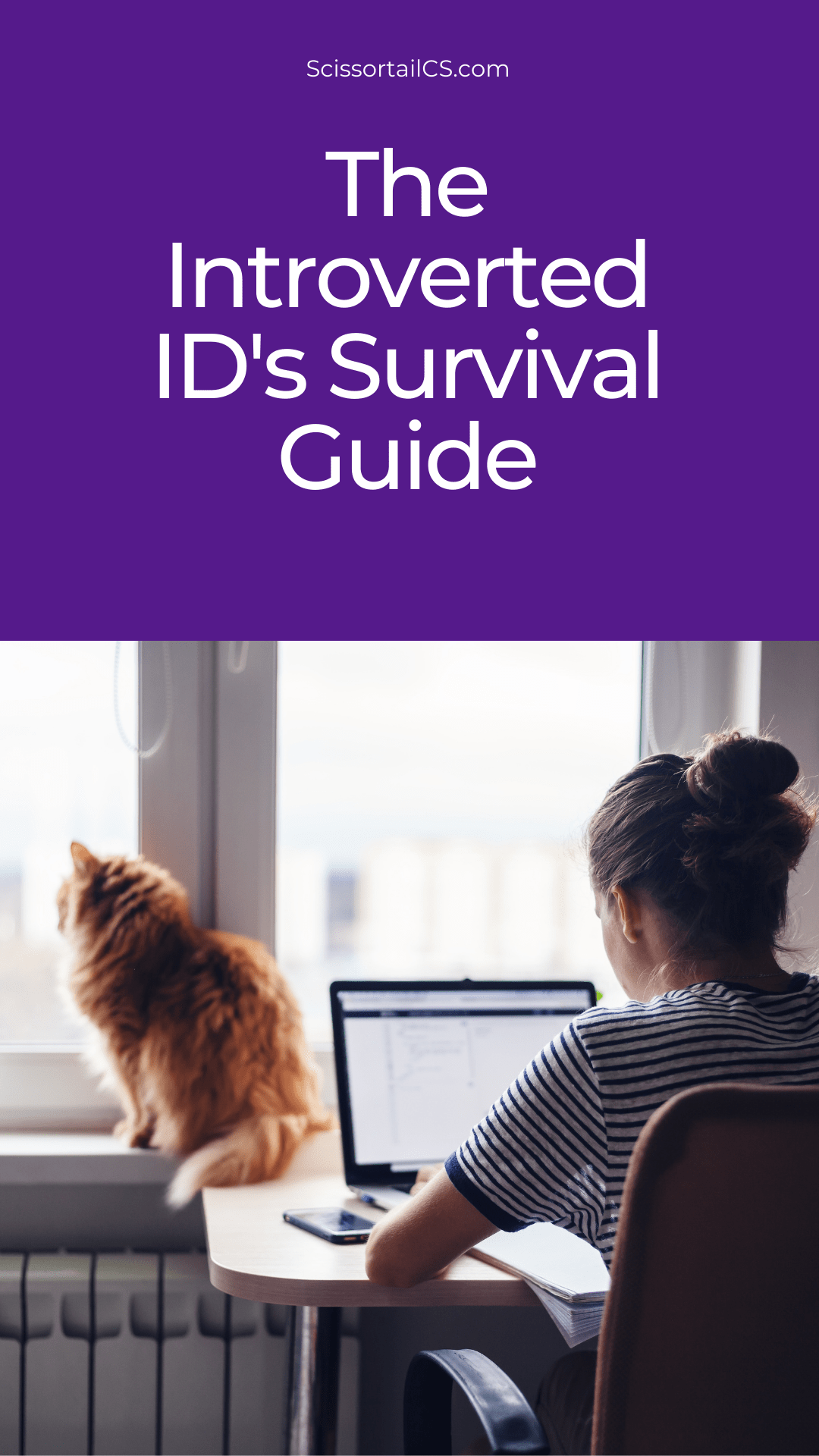 The Introverted ID's Survival Guide. ScissortailCS.com. Woman working at a laptop computer in front of a window in which a fluffy orange cat is perched.