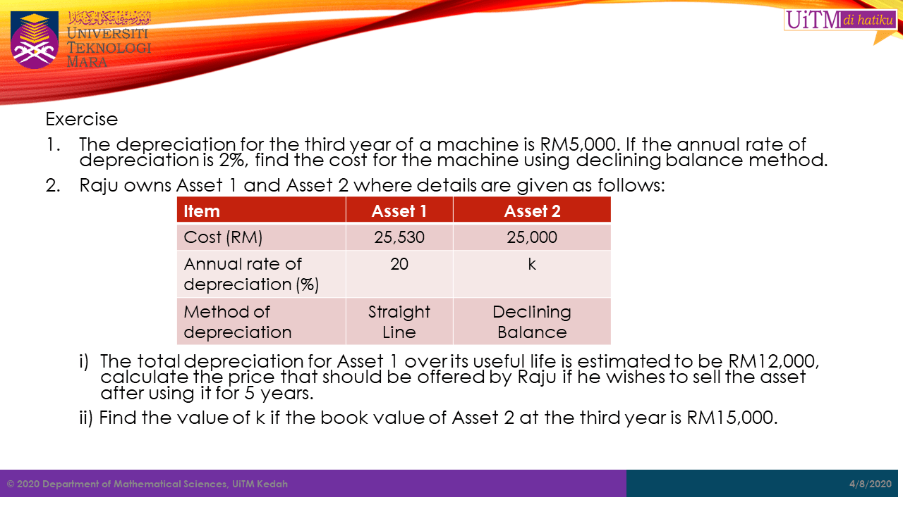 Math. sc. uitm kedah: depreciation