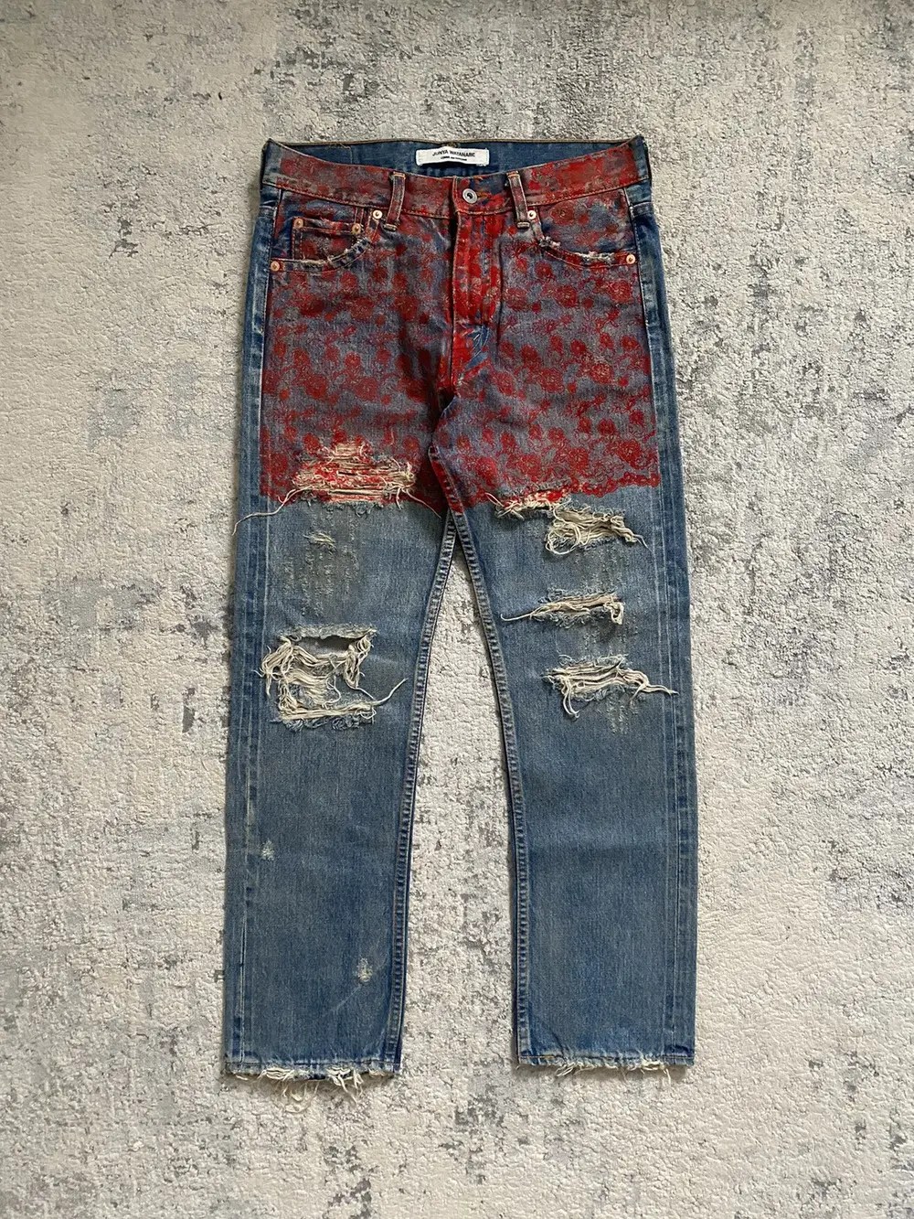 Junya Watanabe CDG - AD2005 Floral Crash Thrashed Denim Red 15x28