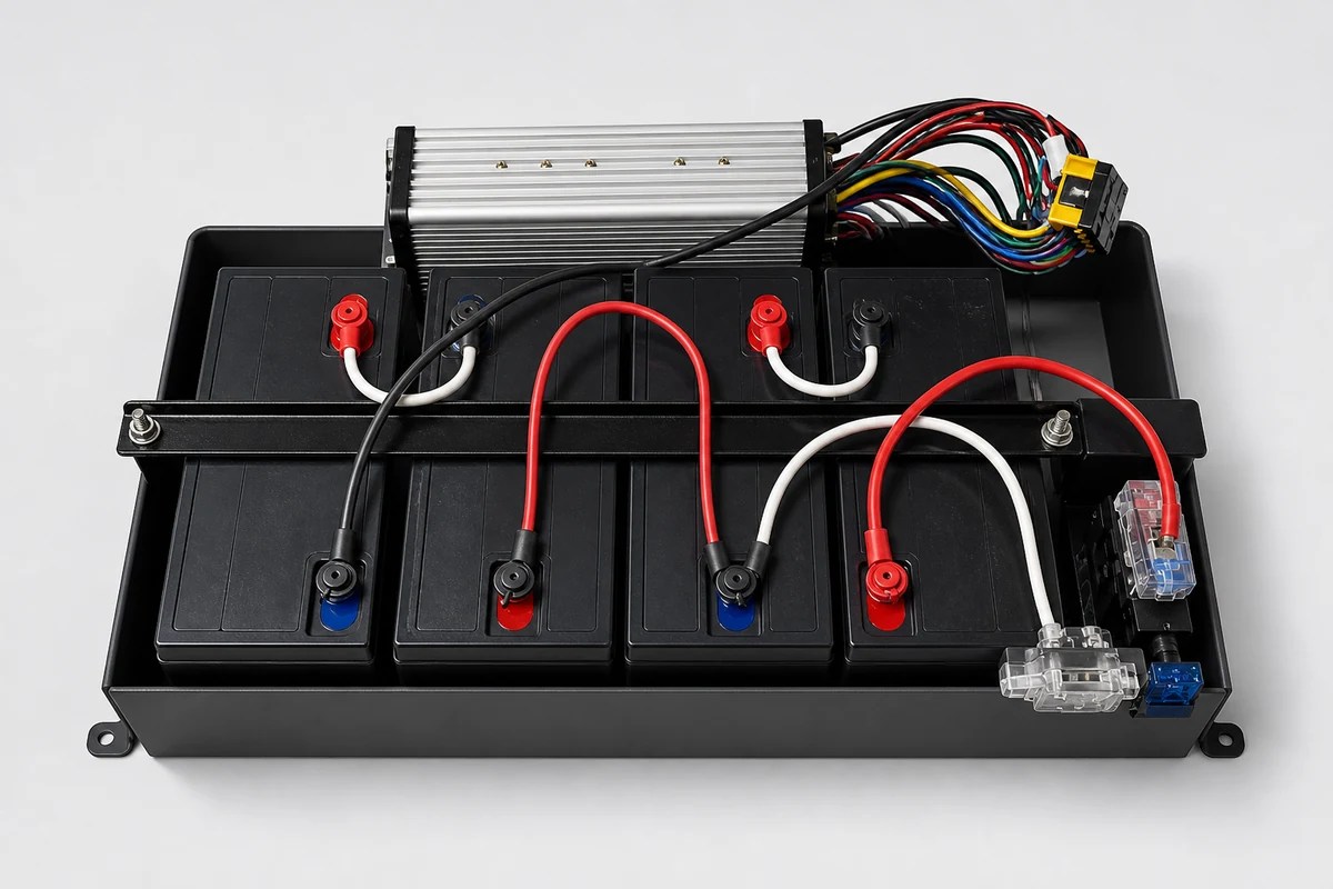 ScootRig 48-volt system with four 12-volt sealed lead-acid batteries, controller, fuse, and cabling.