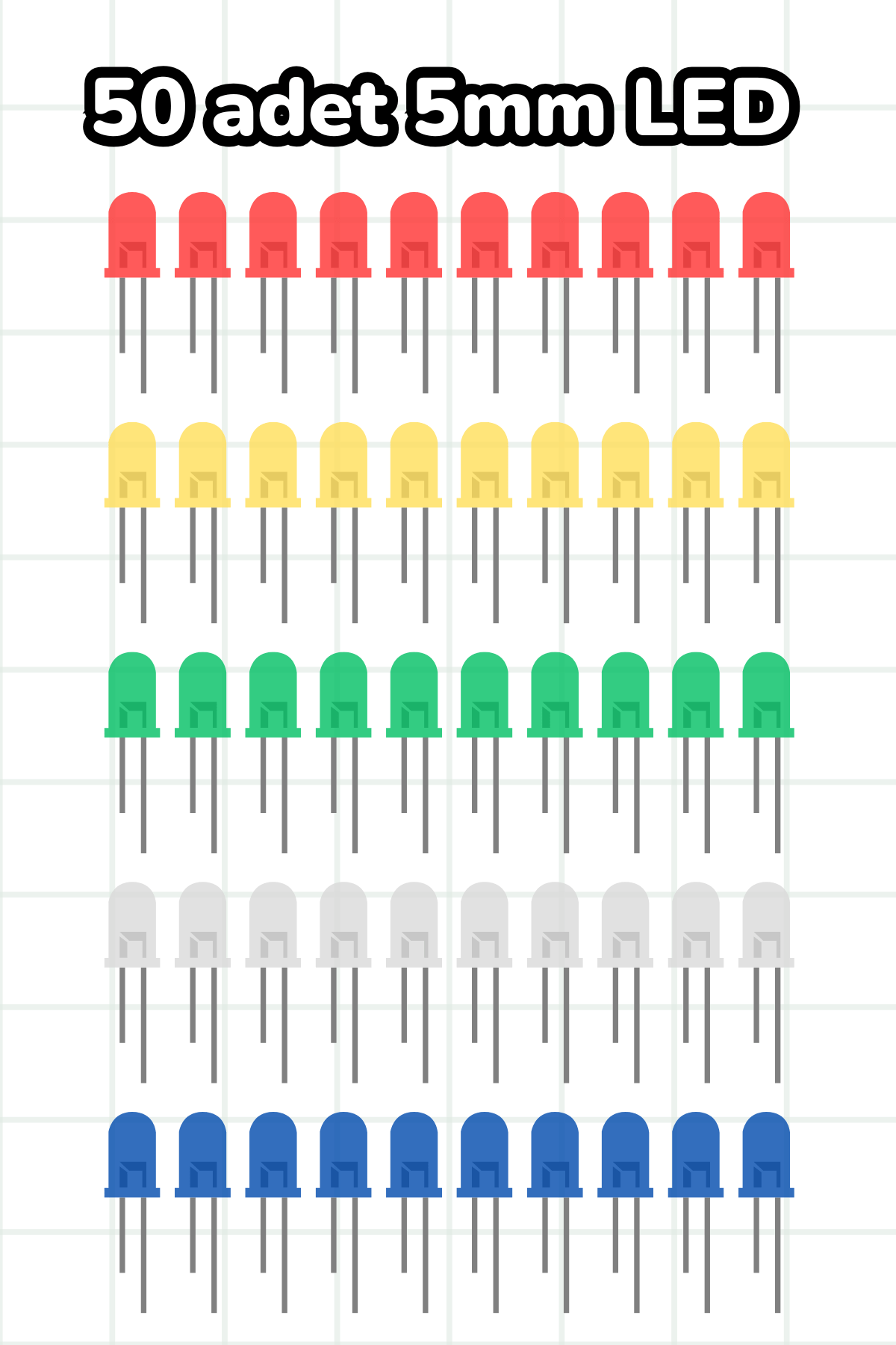 50 Adet 5mm LED Seti - 5 Renk