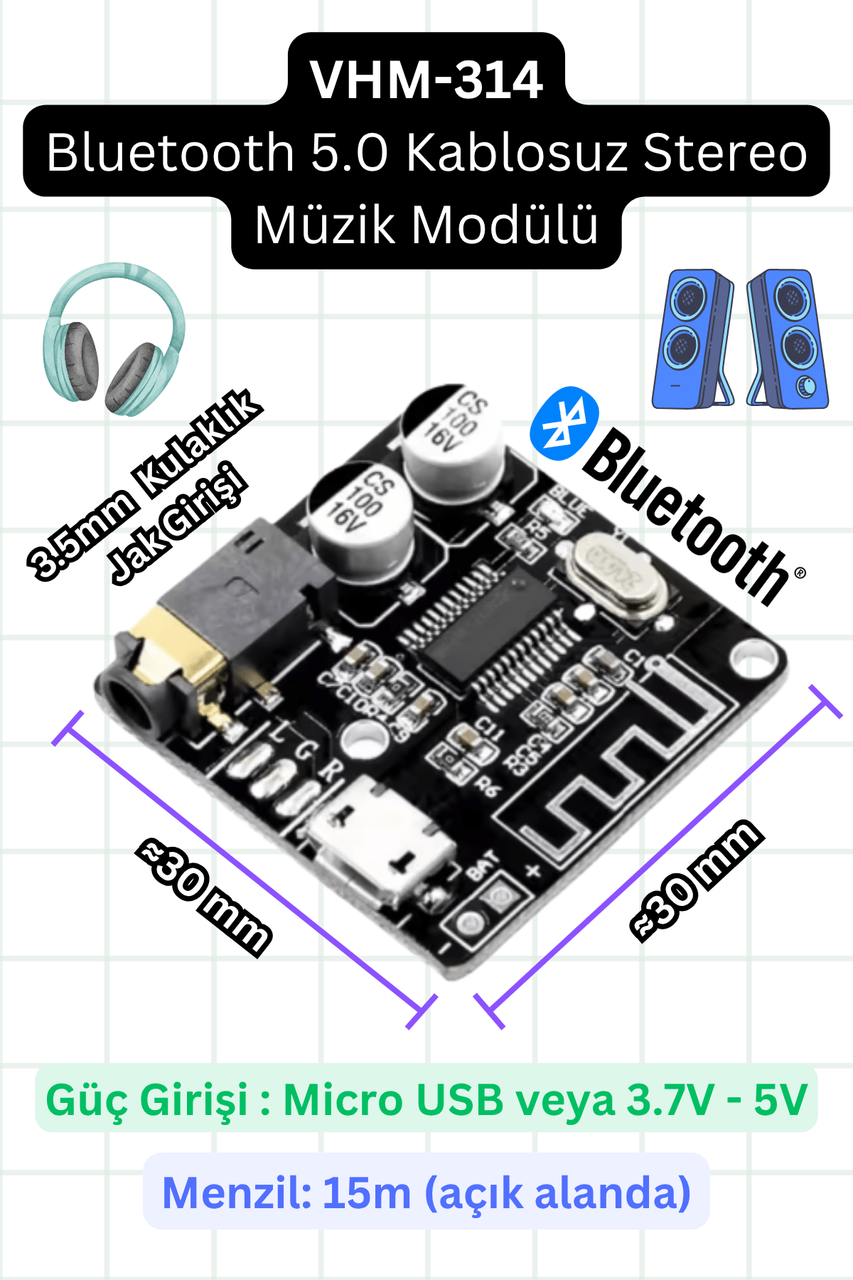 VHM-314 - Bluetooth 5.0 Kablosuz Stereo Müzik Modülü