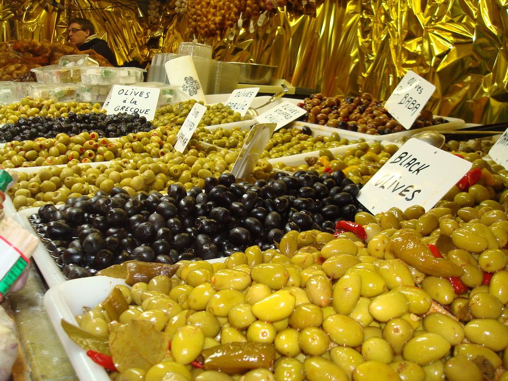 Olives and produce at Manchester Christmas Markets