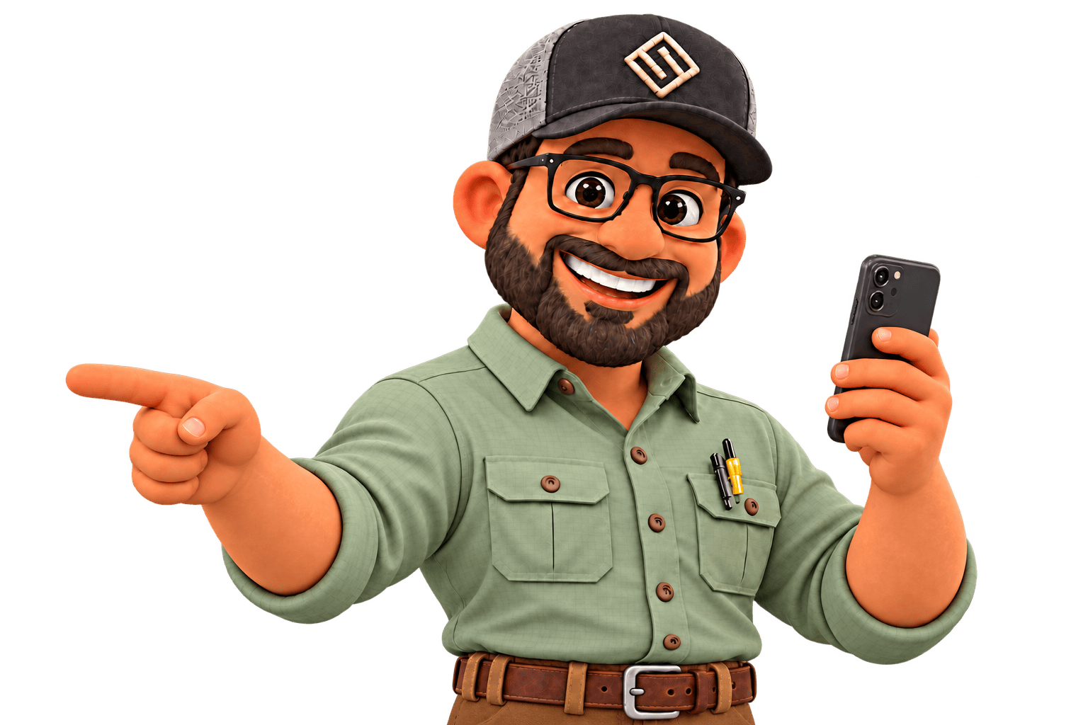 Scout, the Scout Building Services mascot, smiling and pointing toward the contact info while holding a phone
