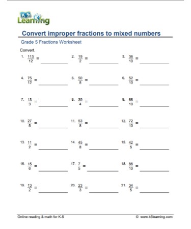 There is a guide at the top with 12 questions. Converting Improper Fractions To Mixed Numbers Worksheet Pdf Free