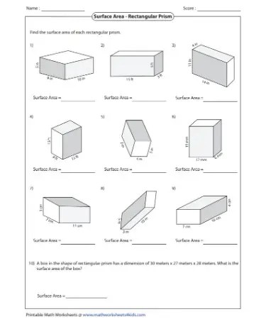 Surface area of rectangular prism worksheet pdf