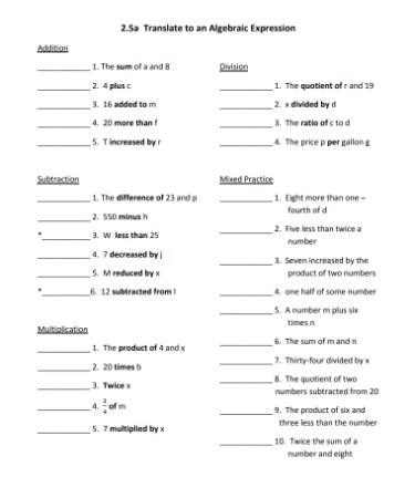 📚 writing algebraic expressions worksheet pdf