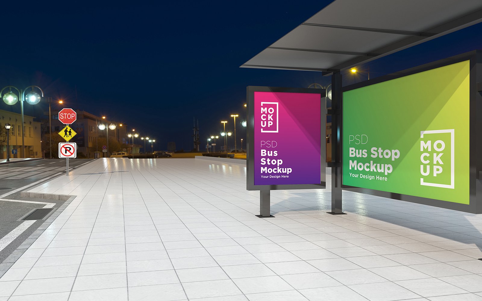 Need to know where the next trailways bus is headed? Night View Bus Stop Signage Product Mockup