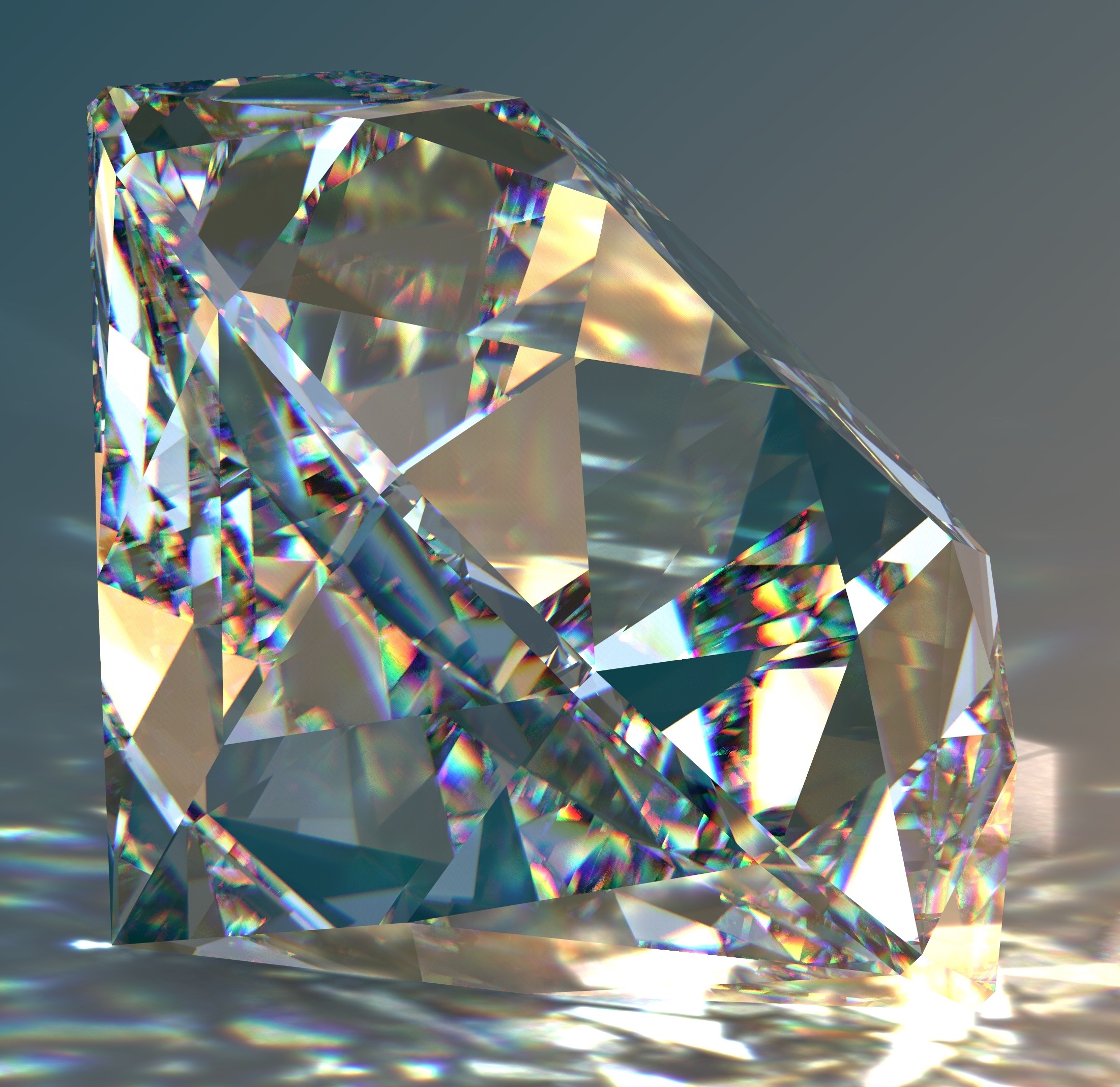 Round cut diamond on gradient background, sparkles, shadow, caustics rays. 3D rendering By Andrii