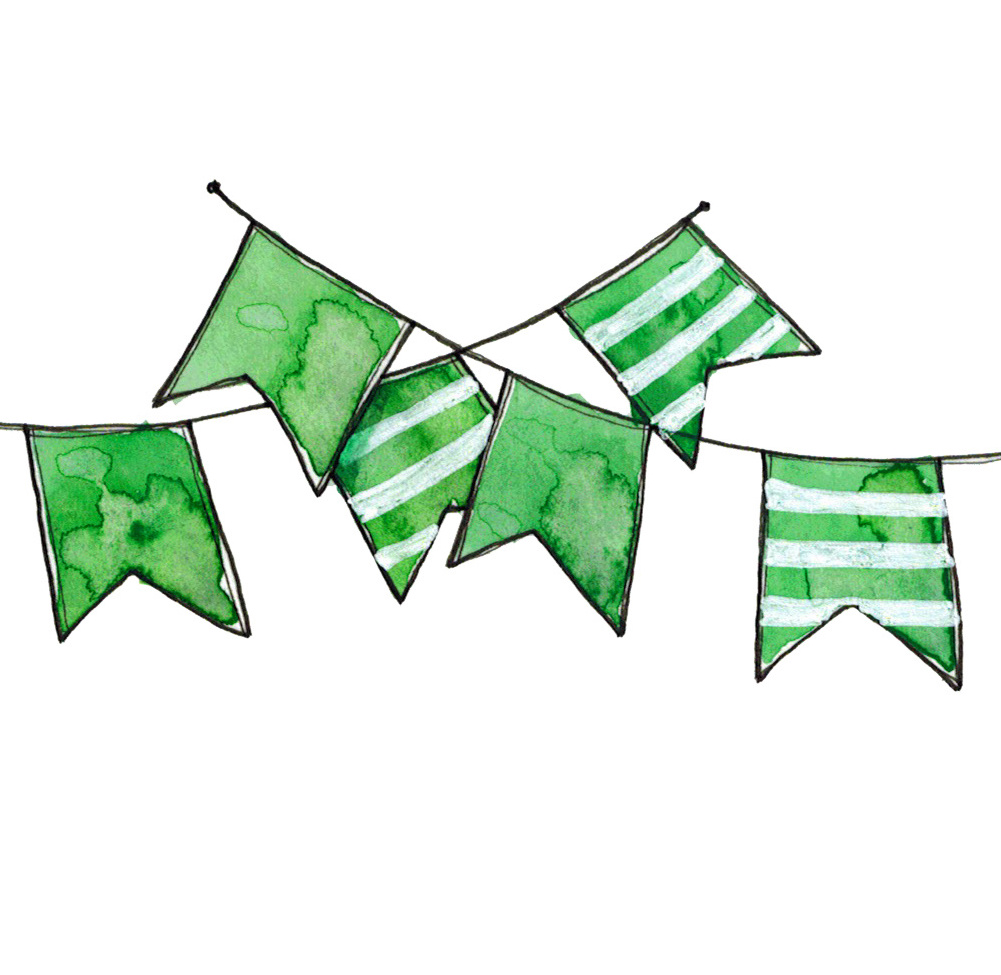 Watercolor hand drawn sketch illustration of garland of green flags with white stripes isolated on white By fuzzylogickate