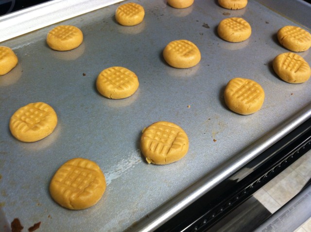 Place them on your greased cookie sheet and press down with fork Bake at 350 for 8-10 minutes