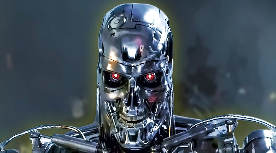 A t-800 terminator with glowing red eyes.