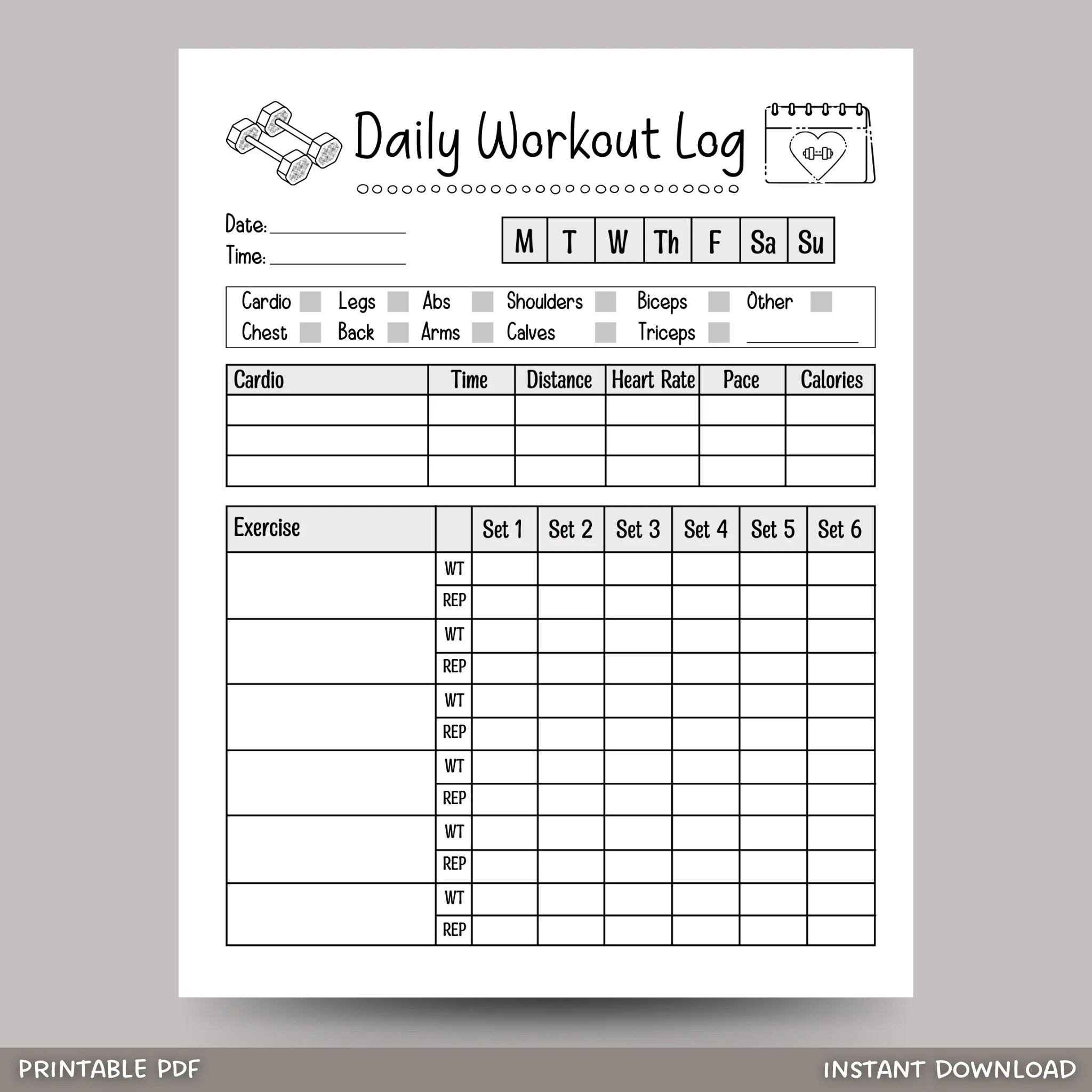 Daily Workout Log Printable Exercise Planner Gym Training Tracker