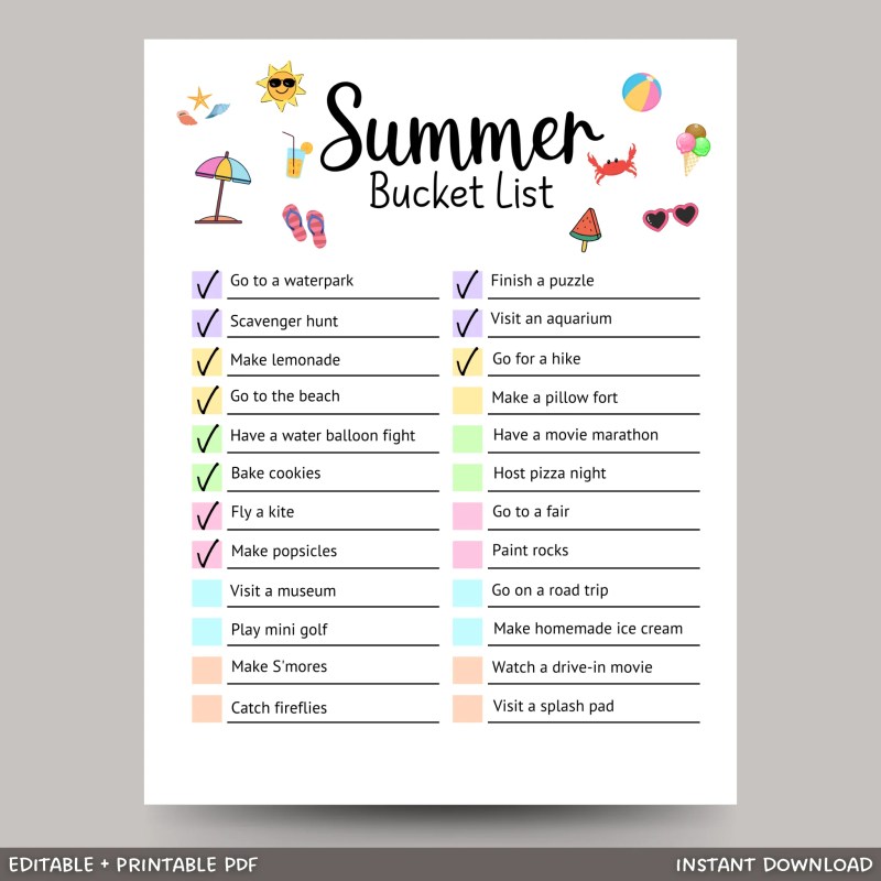 Summer Bucket List Printable Editable Activities For Kids Scribbled Llc - Sunset Designs - Elegant 8K Collection