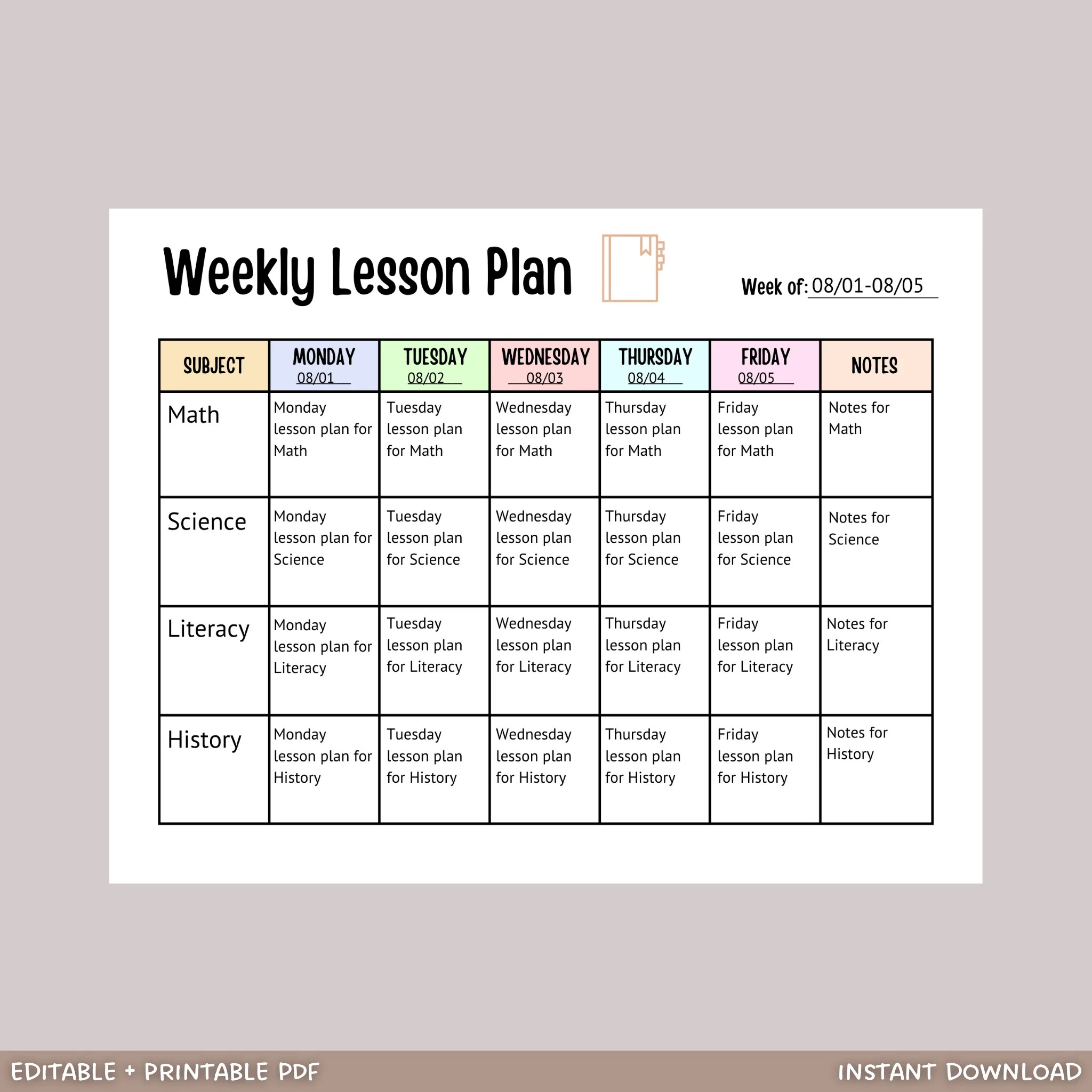 Weekly Lesson Plan Printable Editable School Planner Schedule