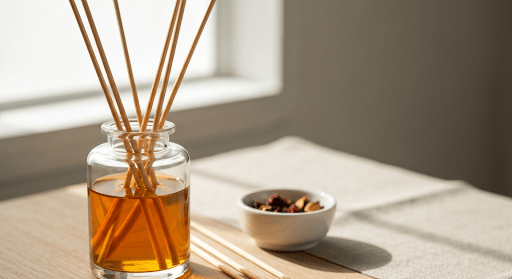 Natural reed diffuser with amber oil in a glass jar on a wooden table