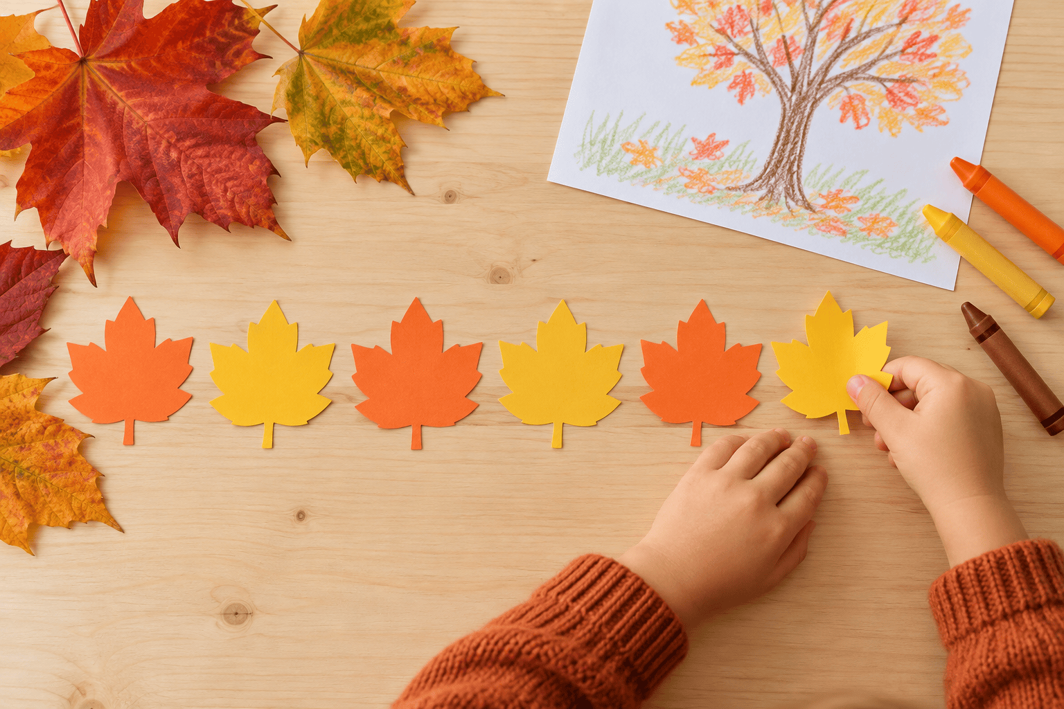 Orange and yellow paper leaves arranged in a repeating pattern by a child