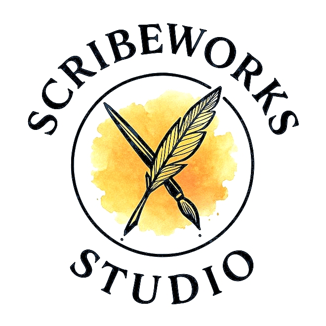Scribeworks studio logo with quill and paintbrush