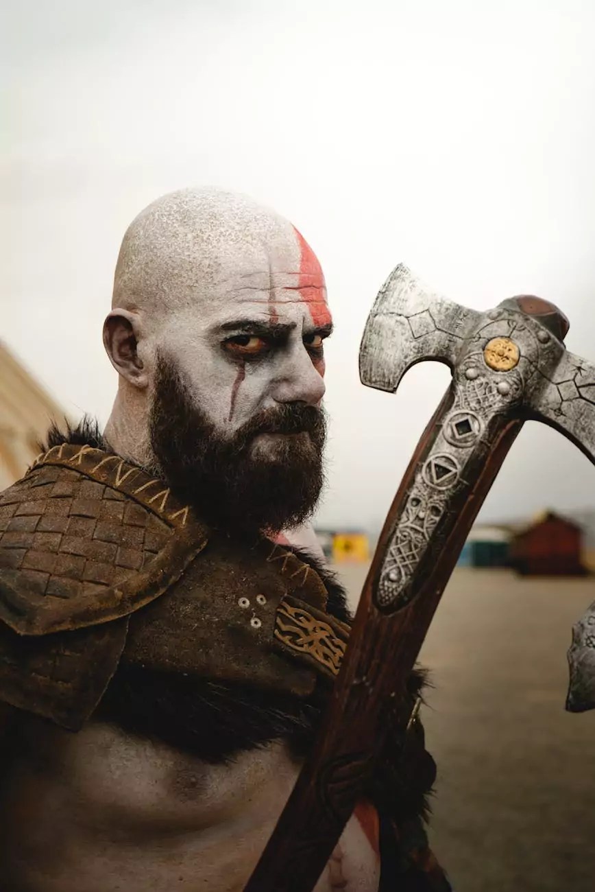 viking warrior with tribal face paint holding battle axe