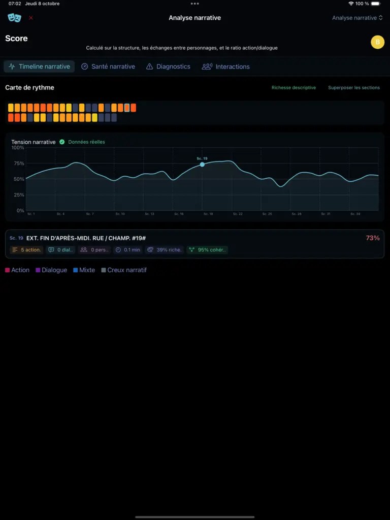 Capture d'écran depuis le Simulateur de l'interface de l'analyse narrative