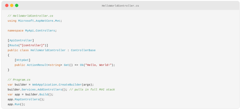 ASP.NET Core controller boilerplate example with HelloWorldController and Program.cs using AddControllers()