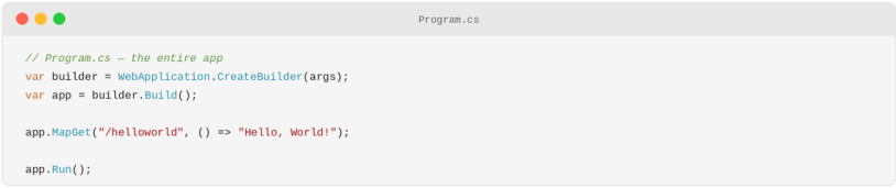 Minimal ASP.NET Core API example using MapGet endpoint with Hello World response in Program.cs