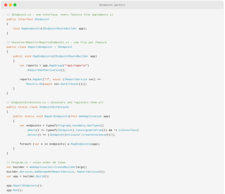 ASP.NET Core IEndpoint pattern example for organizing Minimal APIs with route groups and endpoint registration