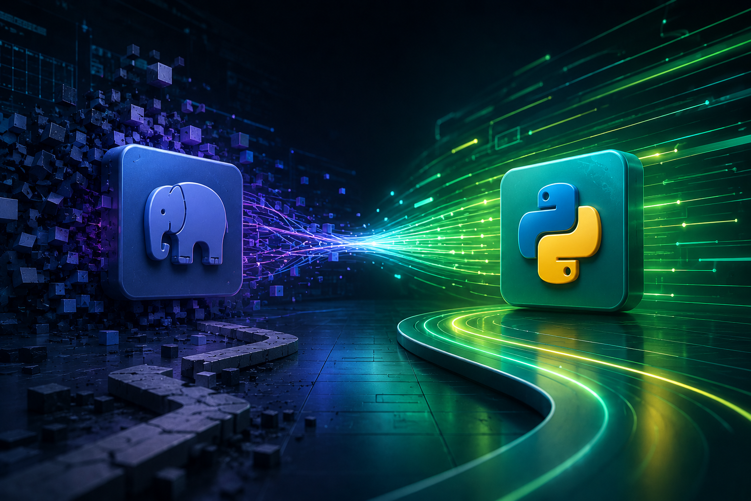 Futuristic PHP to Python migration visual showing legacy system modernization with faster data pipelines and APIs