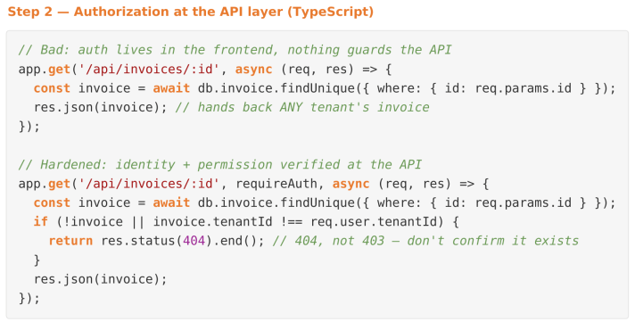 TypeScript API authorization example showing tenant-level access control, authentication middleware, and IDOR prevention