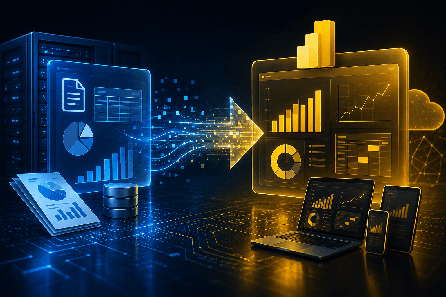 SSRS to Power BI migration architecture showing report modernization, analytics dashboards, and cloud transformation