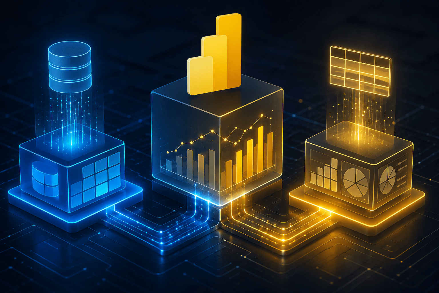 3D illustration of Power BI Composite Models combining DirectQuery and Import with hybrid enterprise data flows.