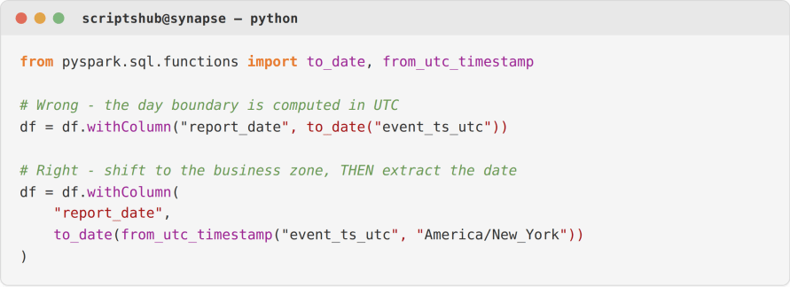 PySpark from_utc_timestamp example converting UTC to Eastern time before extracting the report date
